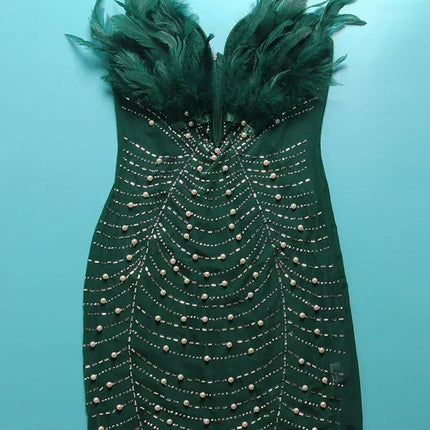 Znaiml Sexy Feathers Rhinestones Backless Diamond Sheer Mesh Bodycon Dresses for Woman Rave Club Birthday Party Night Vestidos