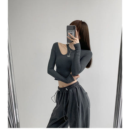 Hollow T-shirt Women Fashion Slim Y2K Cropped Tops Off Shoulder Long Sleeve Tees Woman