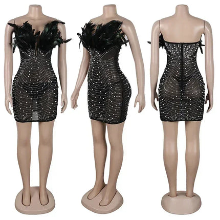 Znaiml Sexy Feathers Rhinestones Backless Diamond Sheer Mesh Bodycon Dresses for Woman Rave Club Birthday Party Night Vestidos