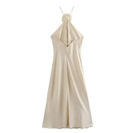 MUJER Flower Halter Dress Woman Off Shoulder Satin Long Dress Women Backless Sexy Evening Dresses Summer Party Dresses For Women