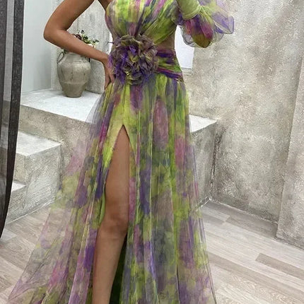 Elegant Oblique Shoulder Single-sleeve  Zipper High Slit Mesh Long Dress For Women Fashion Flower Decoration Party Dress Female