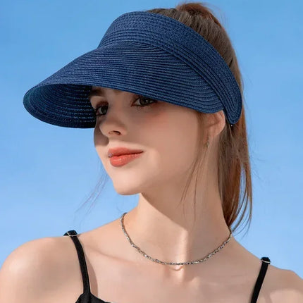 Spring and Summer Women's Outdoor Sunshade  Straw Hat Fashion Empty Top  Duck Tongue Hat Big Brim Cap G37