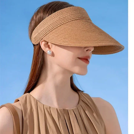 Spring and Summer Women's Outdoor Sunshade  Straw Hat Fashion Empty Top  Duck Tongue Hat Big Brim Cap G37