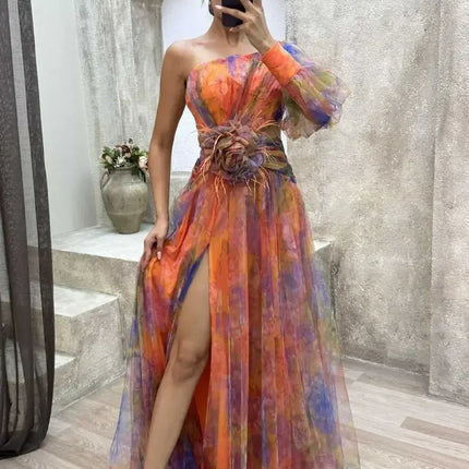 Elegant Oblique Shoulder Single-sleeve  Zipper High Slit Mesh Long Dress For Women Fashion Flower Decoration Party Dress Female