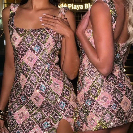 Colorful Rhombus Sequins Sexy Mini Dress Elegant Chic Straps Slit Bodycon Party Dresses Summer Holidays Evening Women Dress 2025