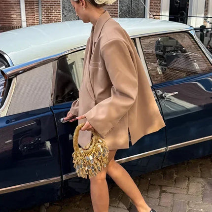 Women's V-Neck Side-Buttoned Suit Jacket Long Sleeve Solid Color Coats Pocket Cuffs Oversize Tops High Street Female Clothes