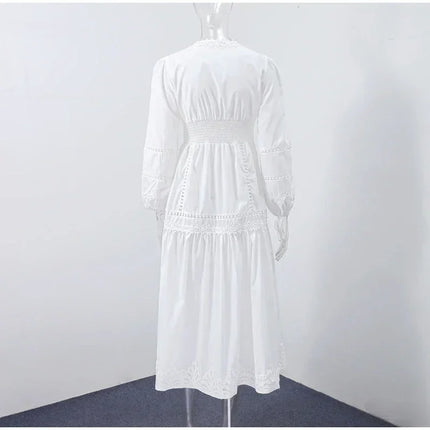 Elegant Lace Patchwork Hollow Out Dress Women Solid V-neck Long Lantern Sleeve Loose Dresses 2025 Spring Vacation Lady Robes
