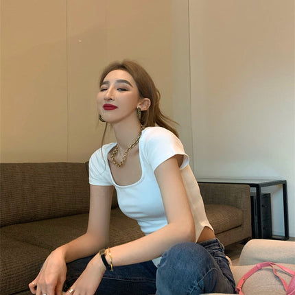 Pure Color Slim Short Sleeve Tees Women 2022 Summer Y2k Crop Fashion Sexy Blouse