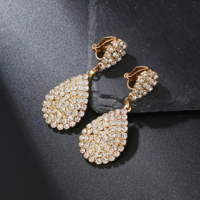 Water Drop Clip On Earring Cubic Zirconia Crystal Dangle Earrings Statement Earrings no pierced for Women Wedding Bridal jewelry