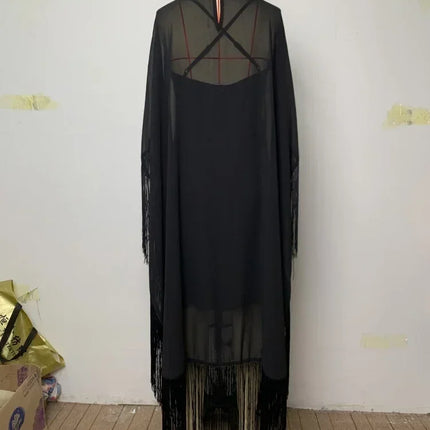 Yeezzi 2025 New Spring Fashion See-Through Tassel Party Dresses Women Batwing Sleeves Solid Color High-Neck Two Piece Set Dress
