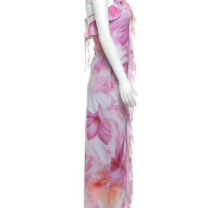 Weird Puss Flower Print Dress Woman Summer Strapless Splits Irregular Tassel Patchwork Backless Bandage Party Skinny Vestidos