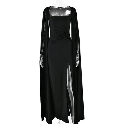 Mozision Long Cape Sleeve Split Maxi Dress For Women Gown Fashion Solid Square Collar Evening Sexy Long Dress Elegant New
