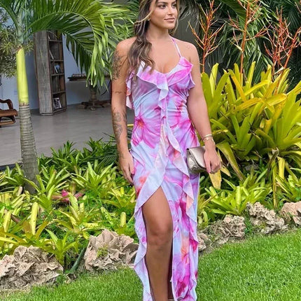 Weird Puss Flower Print Dress Woman Summer Strapless Splits Irregular Tassel Patchwork Backless Bandage Party Skinny Vestidos