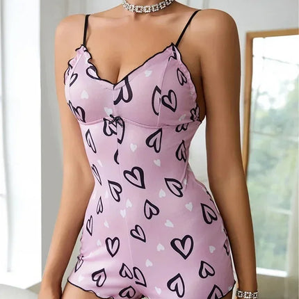 Women's Pajamas One Piece Pajamas Red Lip Printed Sleeveless Pijama Short Onesie Adults V-Neck Suspenders Funny Pajamas Bodysuit