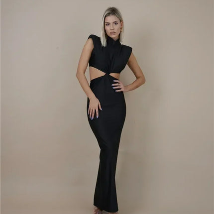 Mozision Hollow Out Turtleneck Sexy Maxi Dress For Women Fashion Solid Sleeveless Bodycon Tank Dresses Femme Club Party Dress