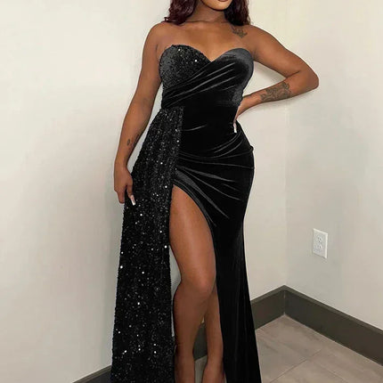 Wishyear Elegant Sparkly Bodycon Long Dresses with Trail Christmas Birthday Dress for Women Sequin Velvet Maxi Evening Vestidos