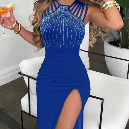 Women Spring Summer Glitter Lurex Halter High Slit Slim Fit Metal Chain Mid-Calf Bodycon Party Dress Sexy