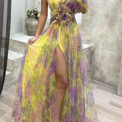 Elegant Oblique Shoulder Single-sleeve  Zipper High Slit Mesh Long Dress For Women Fashion Flower Decoration Party Dress Female