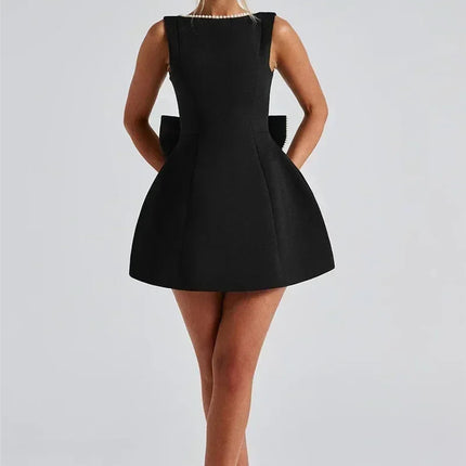Mozision Pearl Bow Backless Sexy Mini Dress For Women Robe Fashion Zipper Sleeveless High Waist A-line Club Party Dress Elegant