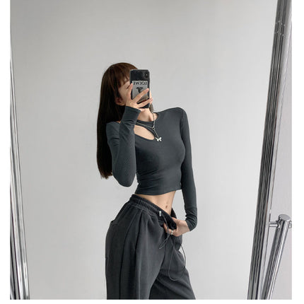 Hollow T-shirt Women Fashion Slim Y2K Cropped Tops Off Shoulder Long Sleeve Tees Woman
