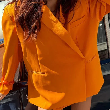 Women's V-Neck Side-Buttoned Suit Jacket Long Sleeve Solid Color Coats Pocket Cuffs Oversize Tops High Street Female Clothes