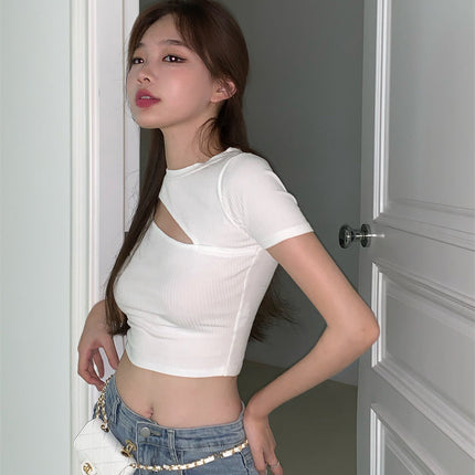 T Shirt Women Summer Hollow Crewneck Cropped Tops Irregular Tight Fitting Short Sleeve
