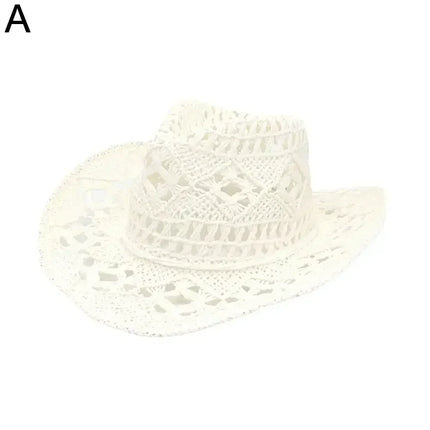 Summer Outdoor Men Women Hand-woven Western Cowboy Straw Hats Wide Brim Breathable Beach Jazz Cap Sun Protection Hat