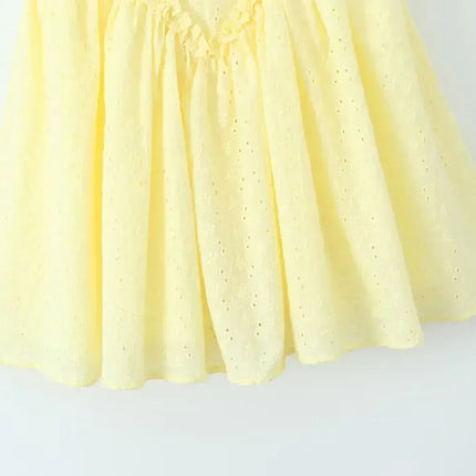 YENKYE Sexy Elegant Women Hollow Out Embroidery Yellow Sling Mini Dress Low Waist Lace Up Bandage Party Dresses Birthday Robe