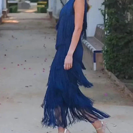 Spring and Summer New Fashion Fringed Slanted Shoulder Asymmetrical Dress for Women