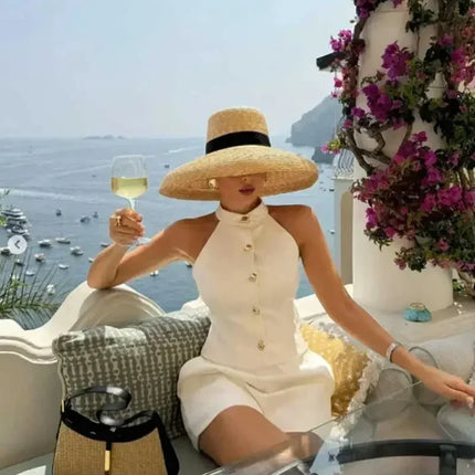 Straw summer hat French elegant ladies seaside travel sun hat Hepburn style wide brim hat  햇빛가리개 모자 모자