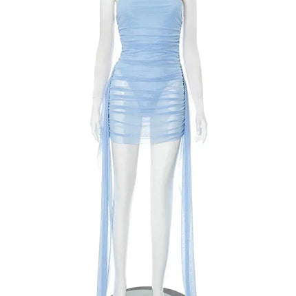 Weird Puss See  Through Dress Women Backless Sleeveless Tassel Double Deck Pleated Sexy Midnight Clubwear Party Mini Bodycon