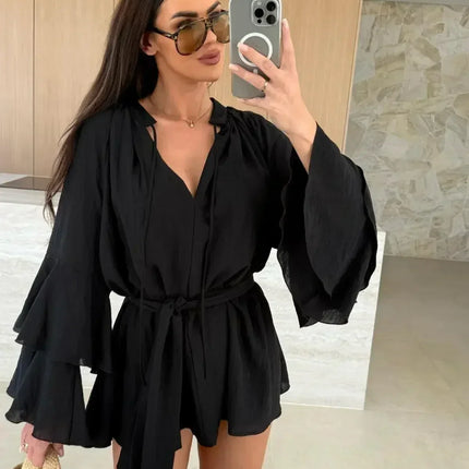 Elegant Fold Dress Women Brown Deep V-neck Long Sleeve Mini Dresses Female 2025 Spring Summer Fashion Loose Lady Vestidos