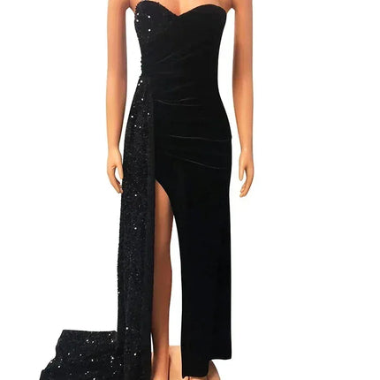 Wishyear Elegant Sparkly Bodycon Long Dresses with Trail Christmas Birthday Dress for Women Sequin Velvet Maxi Evening Vestidos