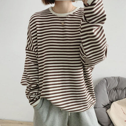 Striped Pullovers Women Knitted Cotton Sweatshirts Female Long-sleeved Loose Tops