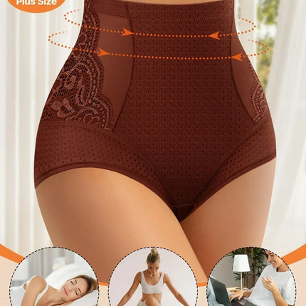 4pcs Plus Size Women'S High-Waist Briefs - Breathable Mesh & Lace Trim, Enhanced Comfort, Breathable Summer Panties in Black,