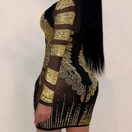 Women Sexy Solid Color Sheer Mesh Rhinestone Design Bodycon Nightclub Party Dress