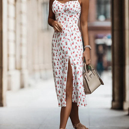 Floral Print Backless Beach Sundresses Casual Slim Slit Sleeveless Dress