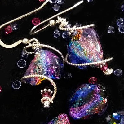 925 Silver Spiral Dichroic Glass Earrings Created with Crystals