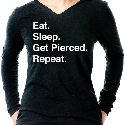 Eat. Sleep. Get Pierced. Repeat. Black Tapered Long Sleeve Hoodie