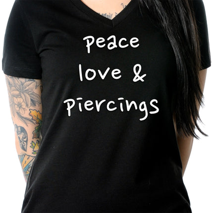 Peace Love & Piercings Black Tapered V-Neck Tee Shirt