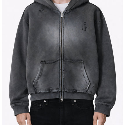 CHARCOAL DISTRESSED ZIP HOODIE