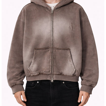 BROWN DISTRESSED ZIP HOODIE