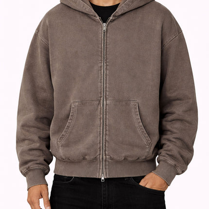 BROWN VINTAGE WASH ZIP HOODIE