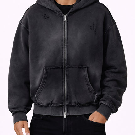 NOIR DISTRESSED ZIP HOODIE
