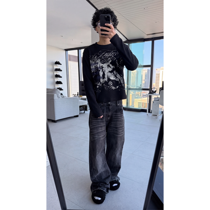 Faith Waffle Knit Cropped 290GSM Long Sleeve Shirt Streetwear Graphic Y2K Unisex Crew Neck Cotton