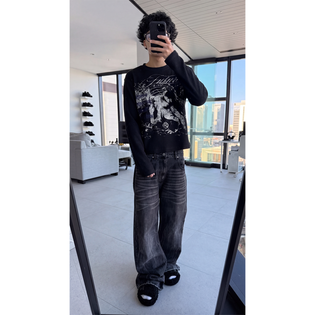 Faith Waffle Knit Cropped 290GSM Long Sleeve Shirt Streetwear Graphic Y2K Unisex Crew Neck Cotton