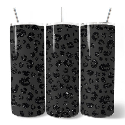 Black Glitter Leopard Print 20oz Personalized Tumbler With Lid and Stainless Steel Straw, Bold Animal Pattern Gift Cup