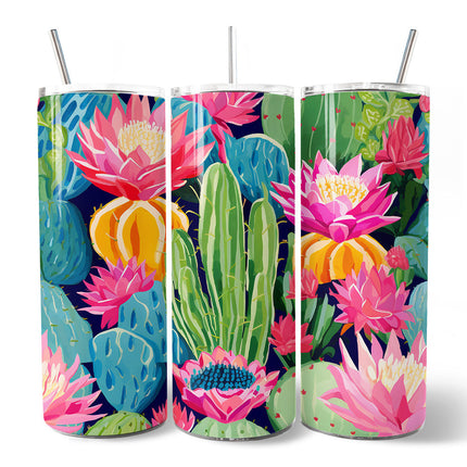 Blooming Desert Cactus Garden 20oz Personalized Tumbler With Lid and Stainless Steel Straw, Colorful Succulent Floral Gift Cup