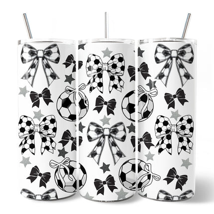 Coquette Black and White Soccer Bow 20oz Personalized Tumbler With Lid and Stainless Steel Straw, Sporty Girls Pattern Gift Cup