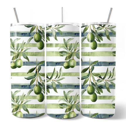 Green Olive Branch Print 20oz Personalized Tumbler With Lid and Stainless Steel Straw, Fresh Botanical Gift Cup